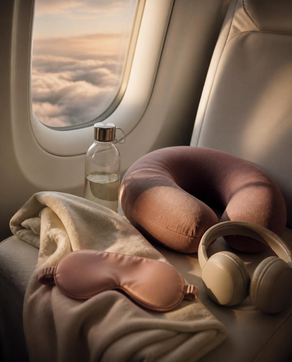Sedile accanto al finestrino con cuscino da viaggio, mascherina, coperta e cuffie: comfort in volo