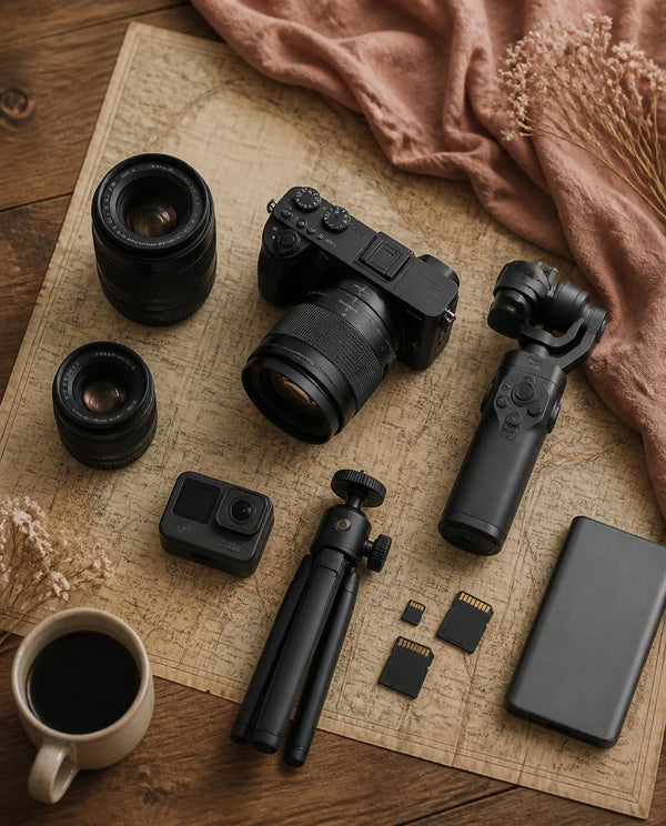 Fotocamera, obiettivi, gimbal e treppiede su una mappa: attrezzatura foto e video da viaggio