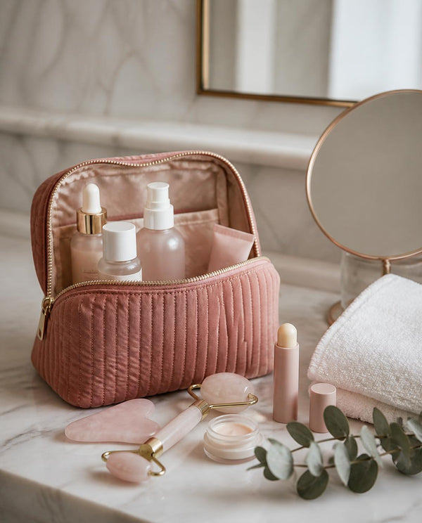 Beauty case rosa con skincare in formato viaggio su un piano in marmo