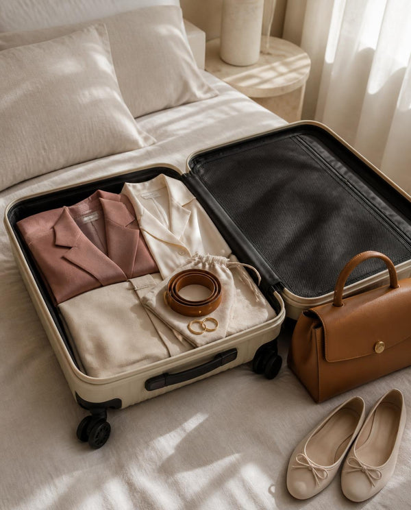 Trolley moderno aperto con capsule wardrobe da viaggio: blazer rosa, camicia di seta, borsa e ballerine