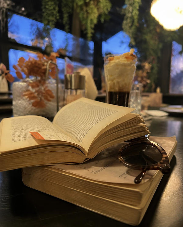 Libri di viaggio e occhiali da sole sul tavolino di un caffè a Graz, Austria