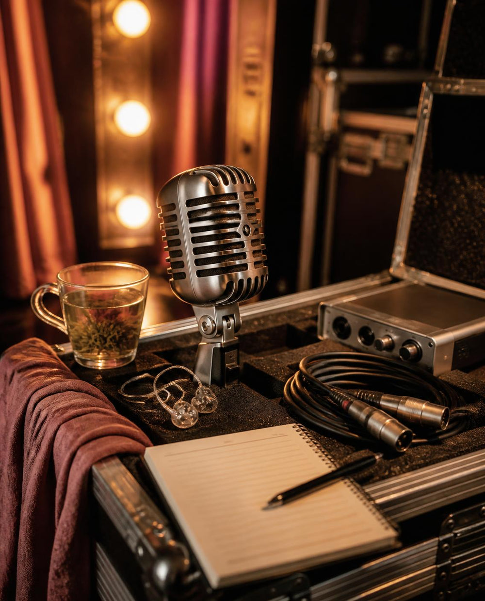 Microfono vintage, in-ear e cavi in un flight case nel backstage: l'attrezzatura per chi canta