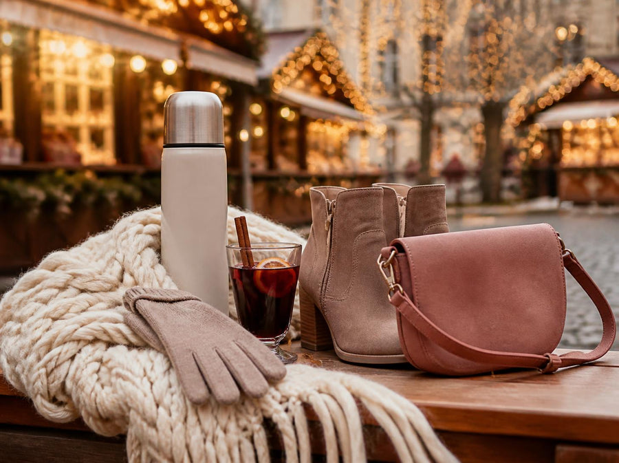 Sciarpa di lana, guanti, thermos e vin brulé a un mercatino di Natale