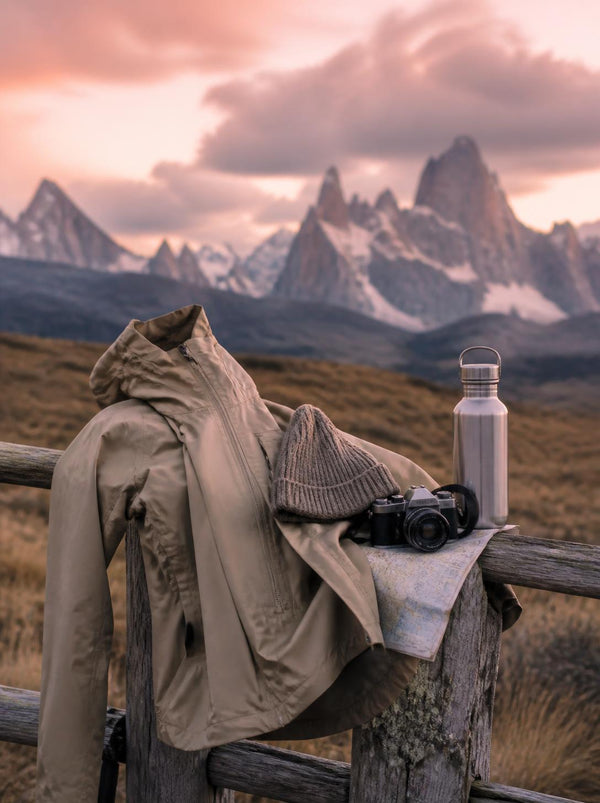 Giacca antivento, fotocamera e borraccia davanti alle vette della Patagonia
