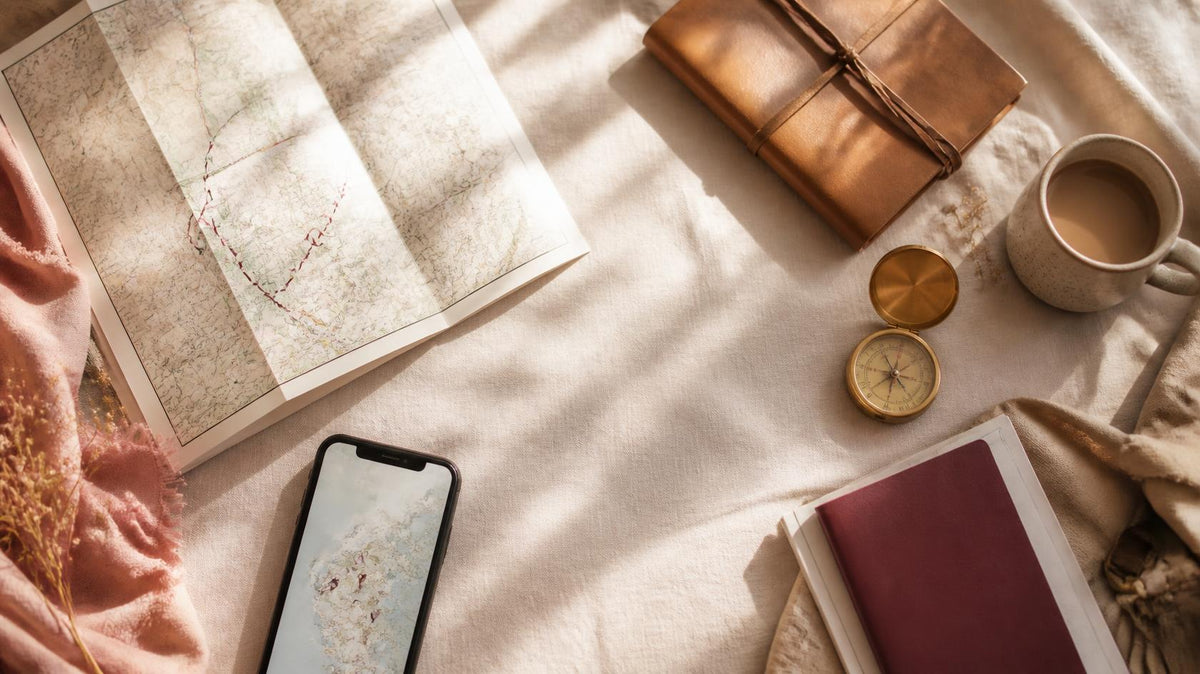 Mappa di viaggio, smartphone, bussola e taccuino su un tavolo di lino: mappe e itinerari LCCV